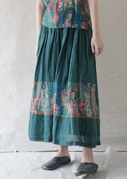 Retro Green Elastic Waist Drawstring Print Patchwork Linen Skirt Spring