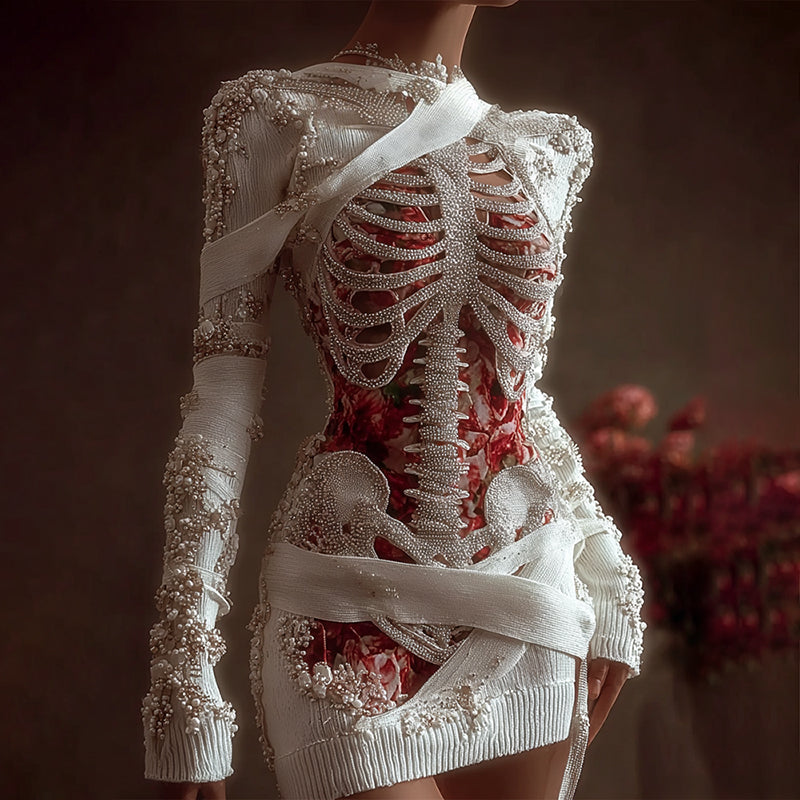 Comstylish Women's Vintage Skeleton Bones With Rose Art Cozy Knit Mini Sweater Dress