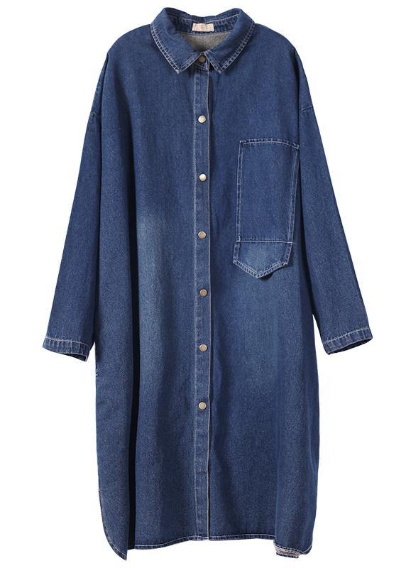 100% Lapel Patchwork Outfit Ideas Denim Blue Long Dress