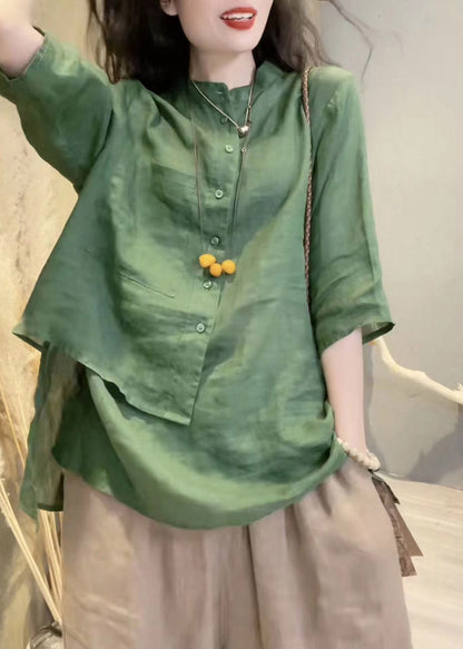 Green Stand Collar Asymmetrical Button Linen Shirts Long Sleeve