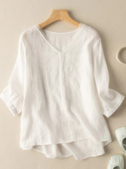 Embroidered V Neck 3/4 Sleeve Linen Tee Top