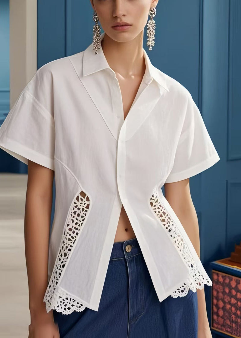White Hollow Out Patchwork Silm Fit Blouses Summer