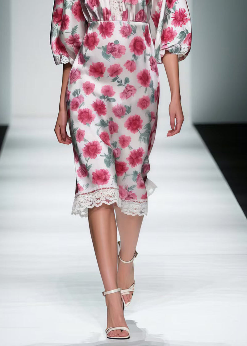 Pink Patchwork Lace Silk Mid Dress Summer