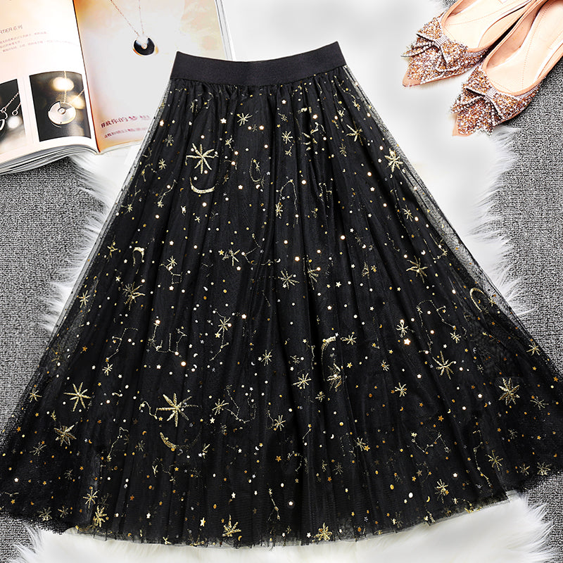 Black Embroideried Sequins Tulle Skirts Summer