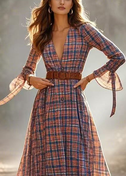 Cinched Plaid Cotton a Line Dress Spring