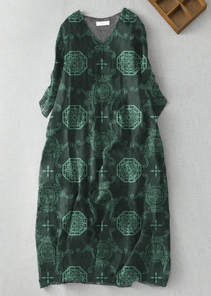Modern Black V Neck Print Wrinkled Linen a Line Dress Summer