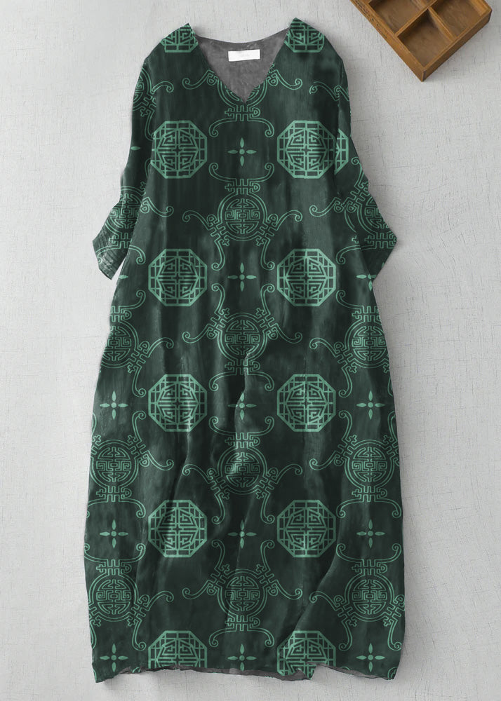 Modern Black V Neck Print Wrinkled Linen a Line Dress Summer