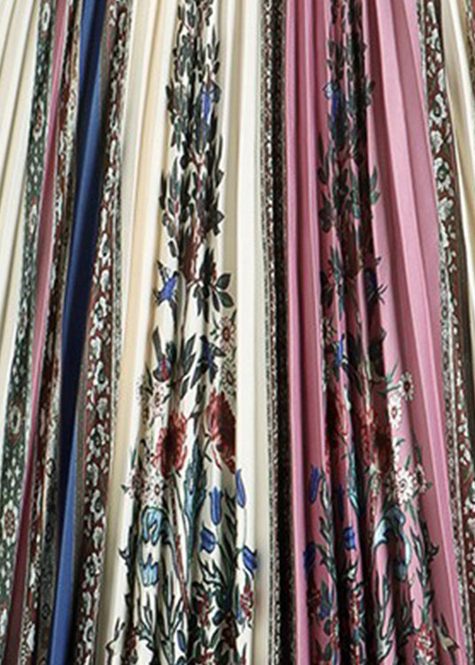 French Pink Print Wrinkled Silk Pleated Skirt Summer