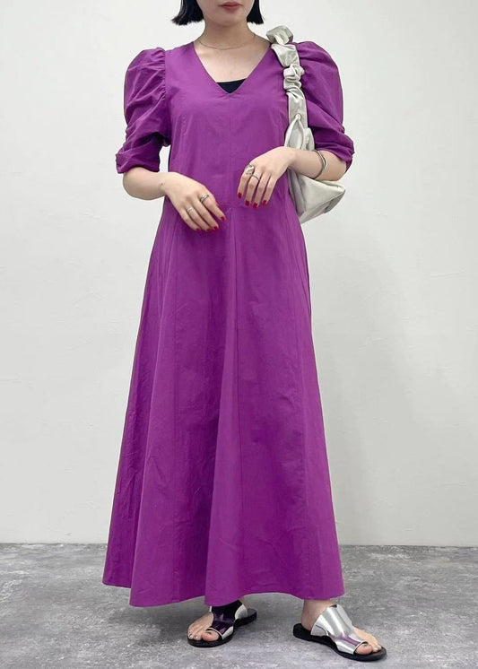Purple Puff Sleeve Cotton Party Dress Summer