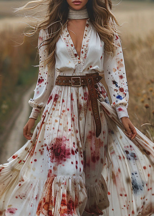 V Neck Print Wrinkled Patchwork Cotton Dresses Long Sleeve