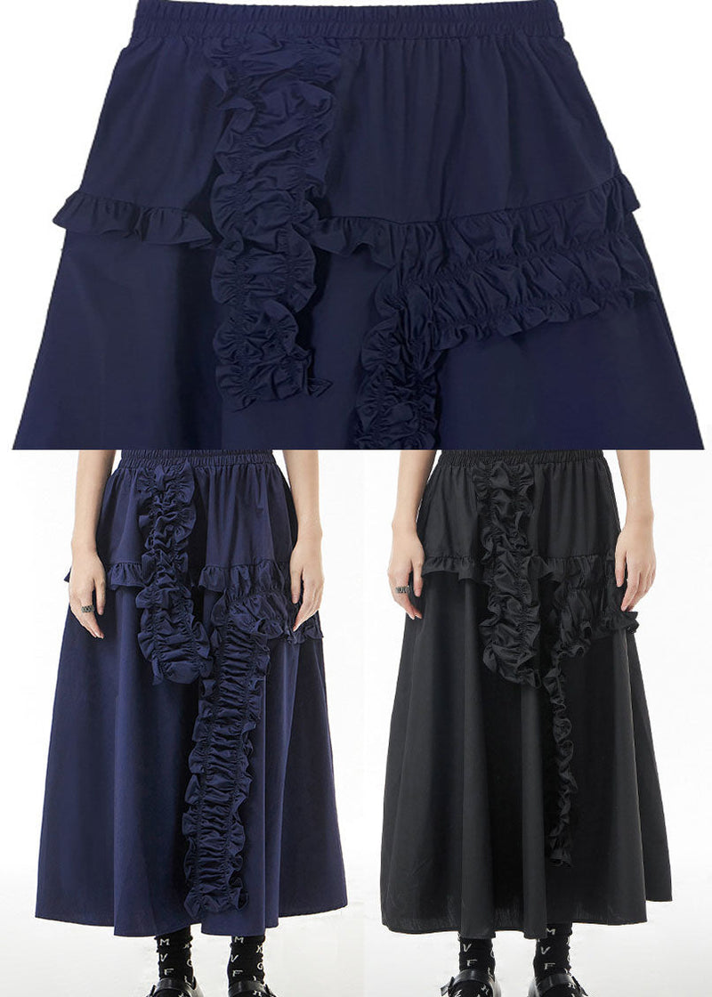 Blue Loose a Line Skirts Ruffled Elastic Waist Spring