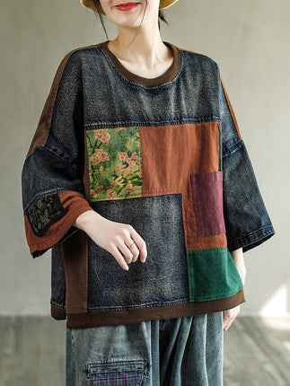 Print Denim Panel Doll Sleeve T-shirt