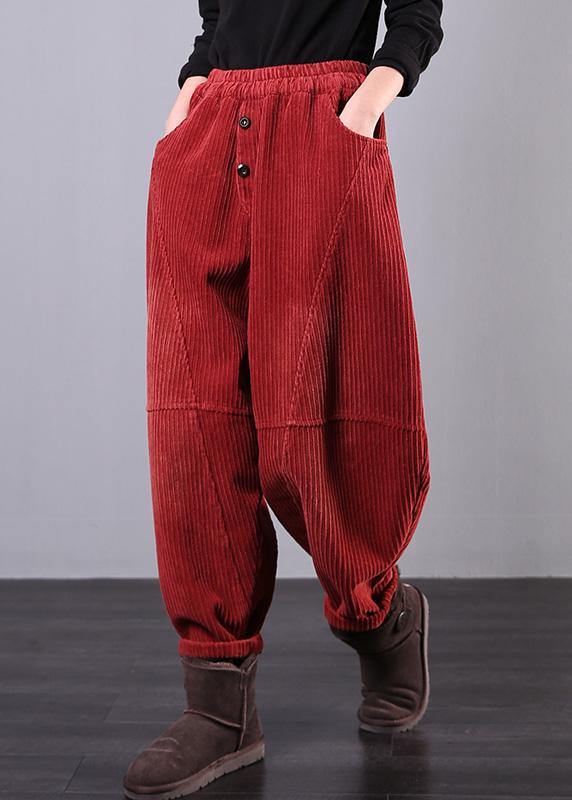 Modern Red Pants Oversize Fall Corduroy Pockets Cotton Pants