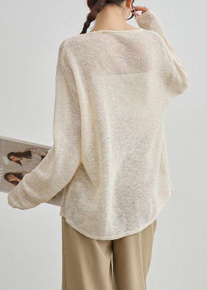 Apricot O Neck Embroidered Knit Top Fall