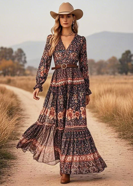 Black V Neck Print Long Dresses Spring