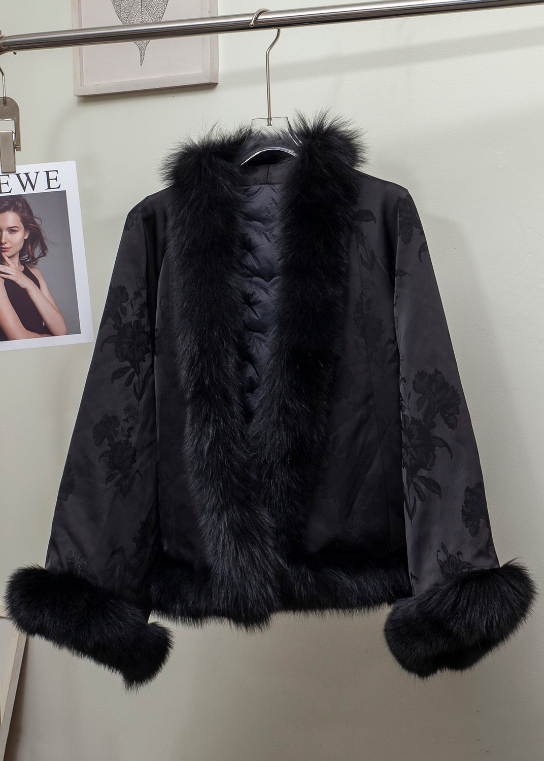Black Jacquard Patchwork Fox Fur Duck Down Coat Winter