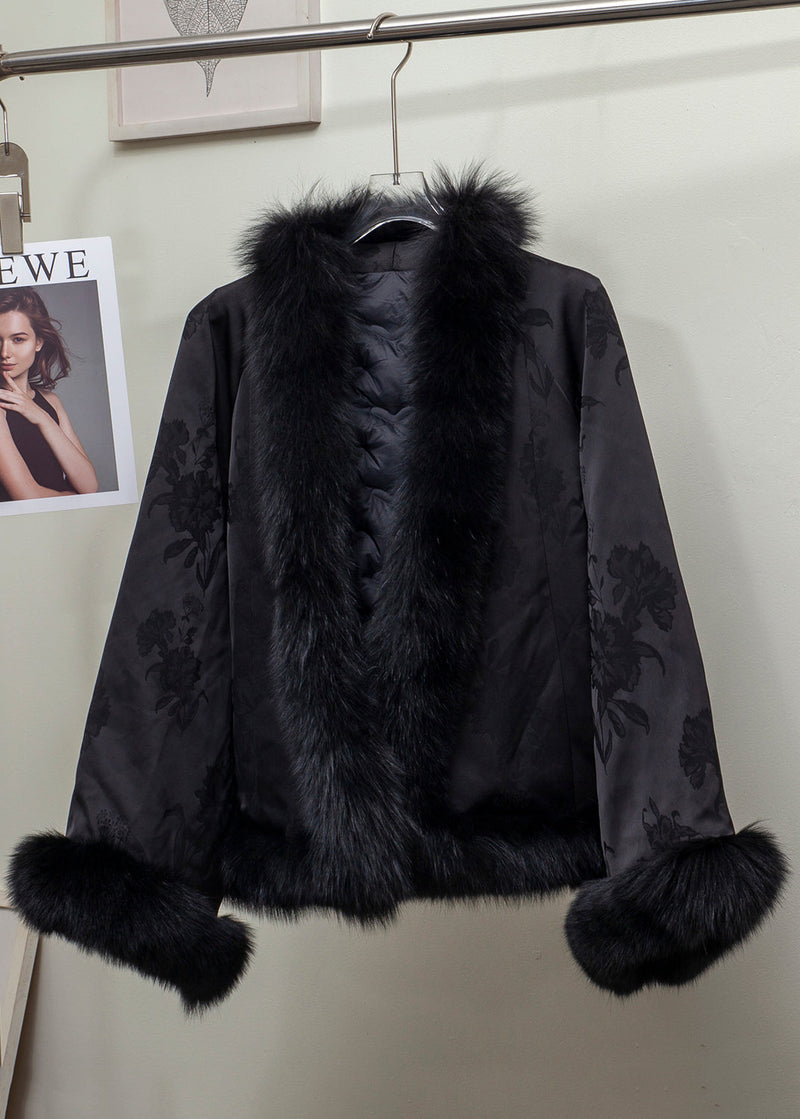 Black Jacquard Patchwork Fox Fur Duck Down Coat Winter