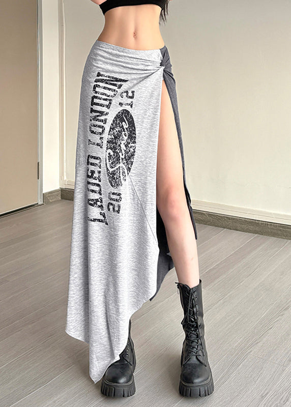 Grey Asymmetrical Graphic Wrinkled Tassel Maxi Skirts Summer