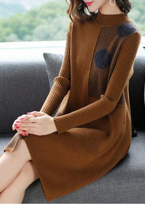Coffee High Neck Asymmetrical Design Knit Sweater Dress Long Sleeve