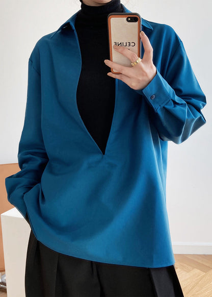 Simple White V Neck Cotton Shirts Top Long Sleeve