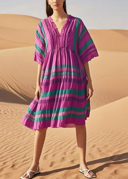 Purple V Neck Striped Cotton Day Dresses Summer