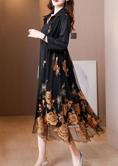 Black Embroidered Tie Waist Tulle Patchwork Shirts Long Dresses Fall