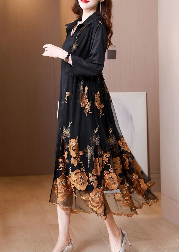 Black Embroideried Tie Waist Tulle Patchwork Shirts Long Dresses Fall