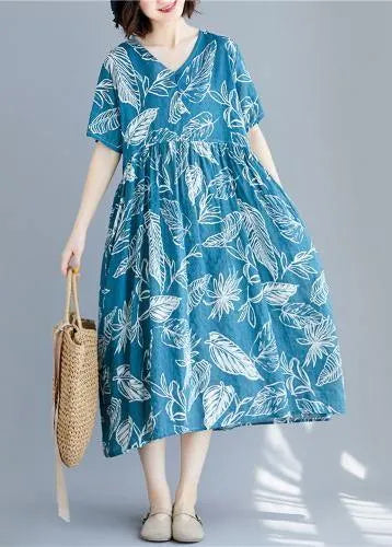 Blue Print Linen Clothes for V Neck Cinched Cotton Summer Dresses