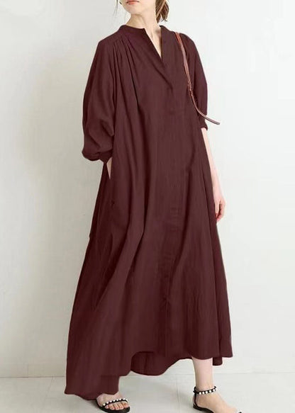 Apricot O Neck Button Cotton Shirts Dress Spring