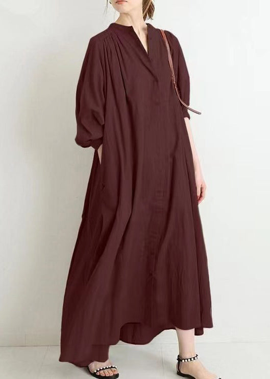 Apricot O Neck Button Cotton Shirts Dress Spring