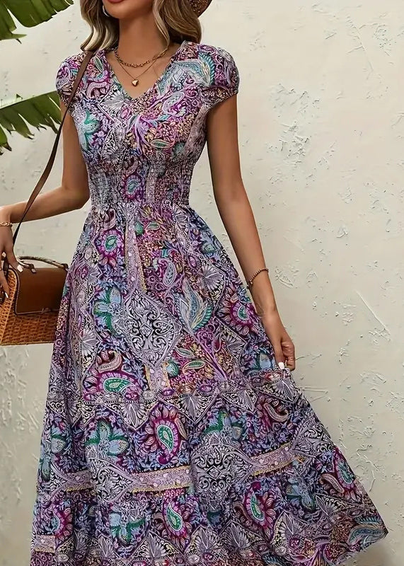 V Neck Print Cotton Vacation Long Dresses Summer