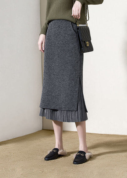 Grey High Waist Patchwork Side Open Woolen Wraped Skirts Winter