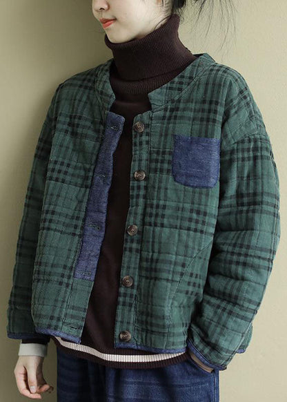 Green Plaid Button Patchwork Winter Jackets Long Sleeve