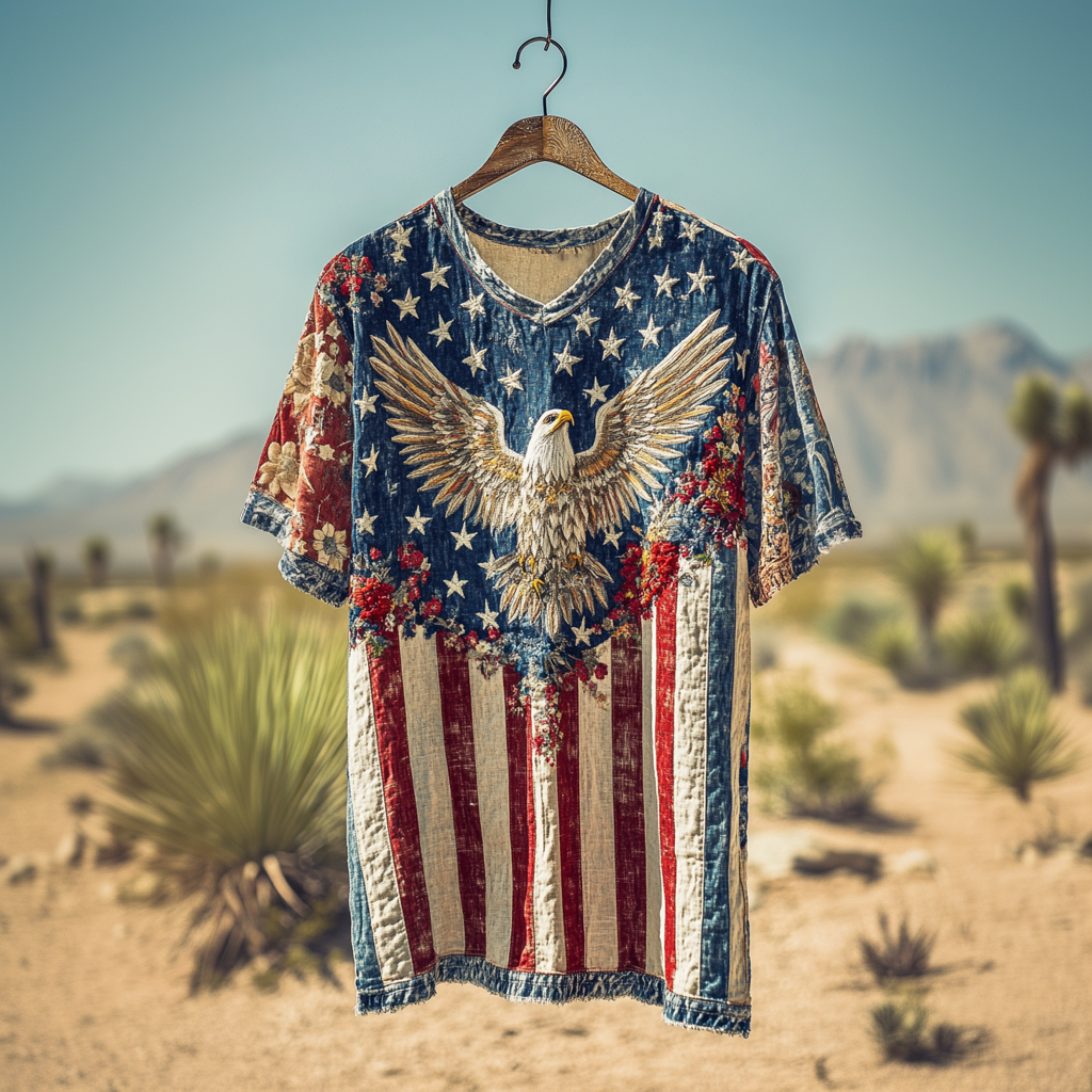 Men's American Flag Independence Day Eagle Pattern Linen T-shirt elevenforest