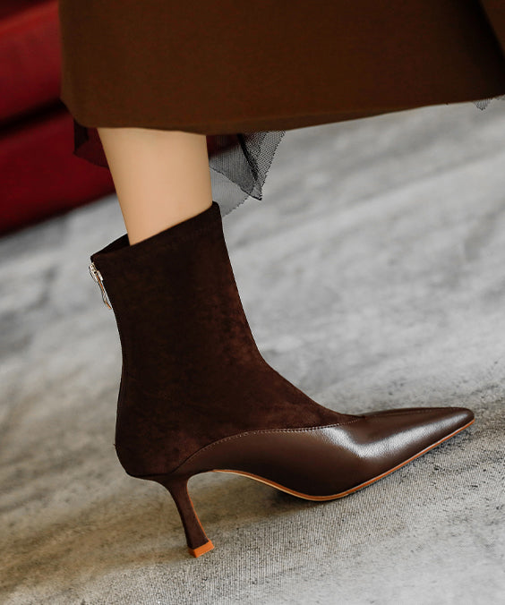Splicing High Heel Boots Brown Cowhide Leather