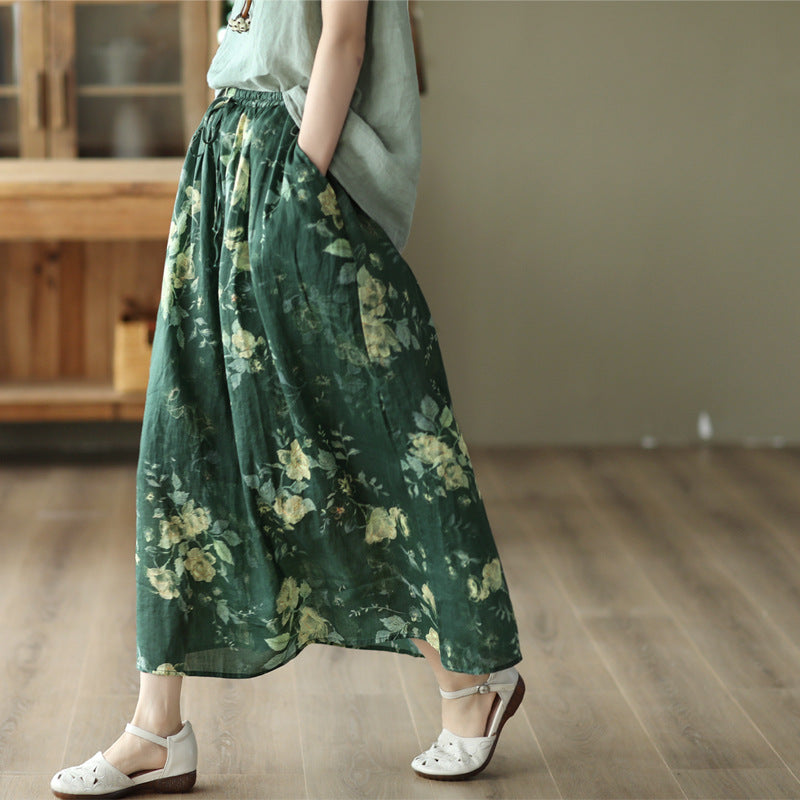 Cozy Printed Linen A-line Double Layers Skirt