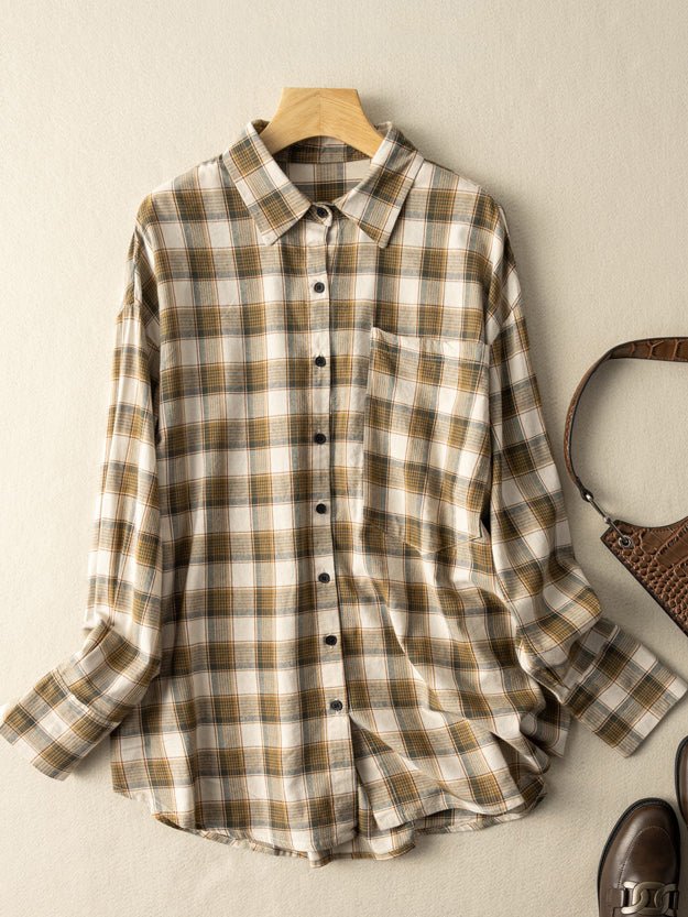 100% Natural Fabric Loose Mid Length Plaid Shirt