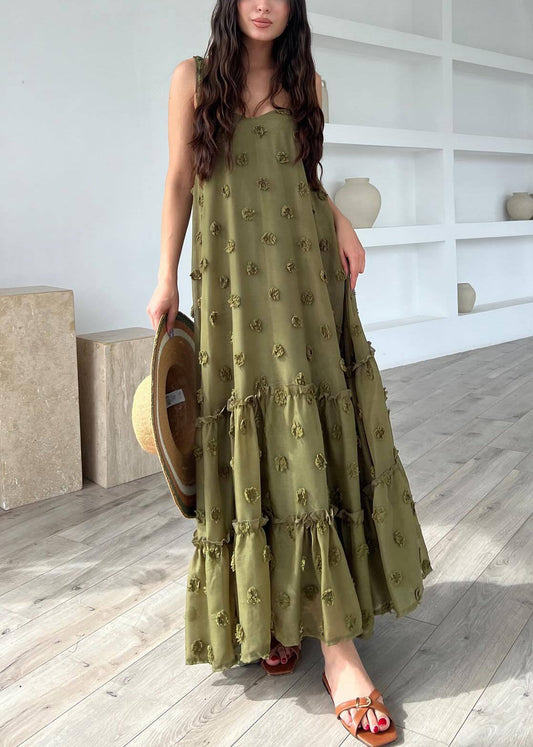 Army Green Cotton Spaghetti Strap Dress Ruffled Summer