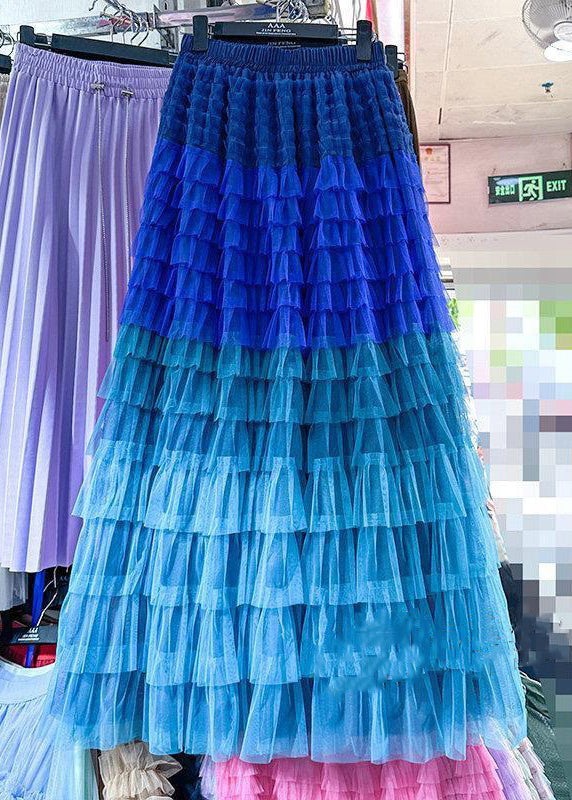 Rose Gradient Color Wrinkled Elastic Waist Tulle Skirt Summer