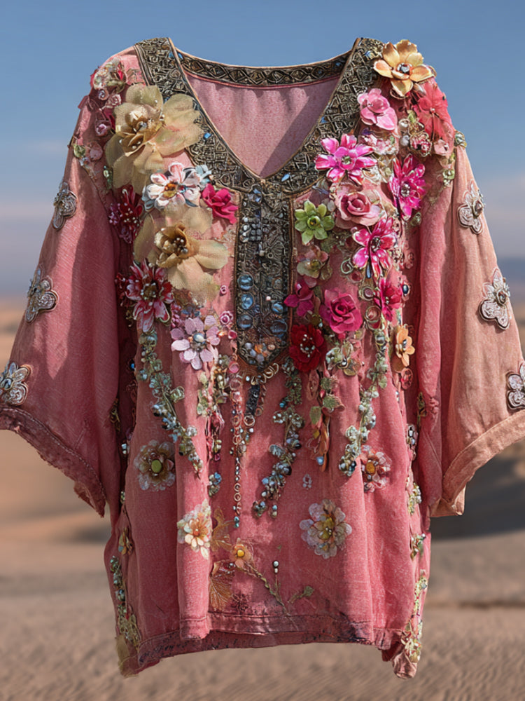 Bohemian Breast Cancer Awareness Three-dimensional Flower Rhinestone Embroidery Pink V-neck Short-sleeved Shirt elevenforest