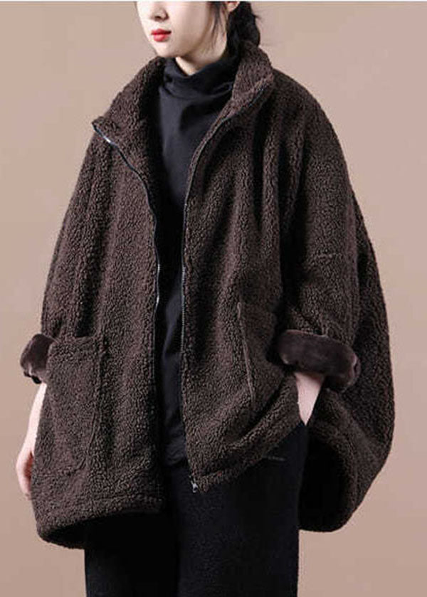 Coffee Warm Teddy Faux Fur Loose Coats Zip Up Batwing Sleeve