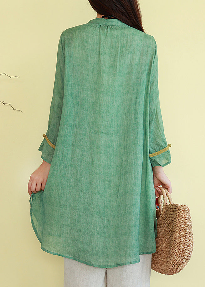 Green Button Thin Patchwork Linen Blouses