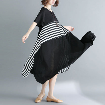 Boutique Black Cotton Knee Dress Loose Fitting Cotton Clothing Dresses Fine Short Sleeve O Neck Asymmetrical Design Knee Dresses