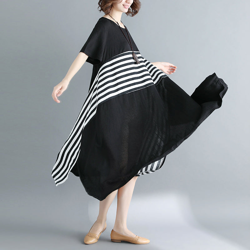 Boutique Black Cotton Knee Dress Loose Fitting Cotton Clothing Dresses Fine Short Sleeve O Neck Asymmetrical Design Knee Dresses