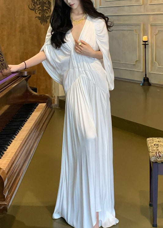 White V Neck Wrinkled Dresses Batwing Sleeve