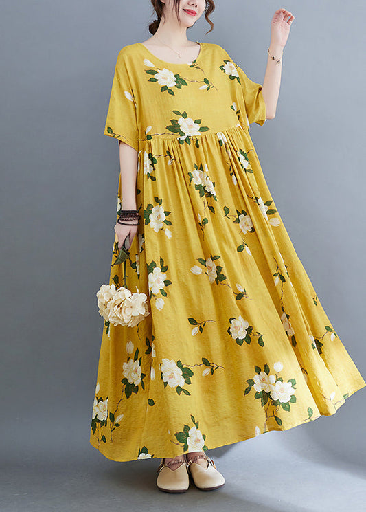 Style Yellow O-neck Cinched Print Long Dresses Short Sleeve
