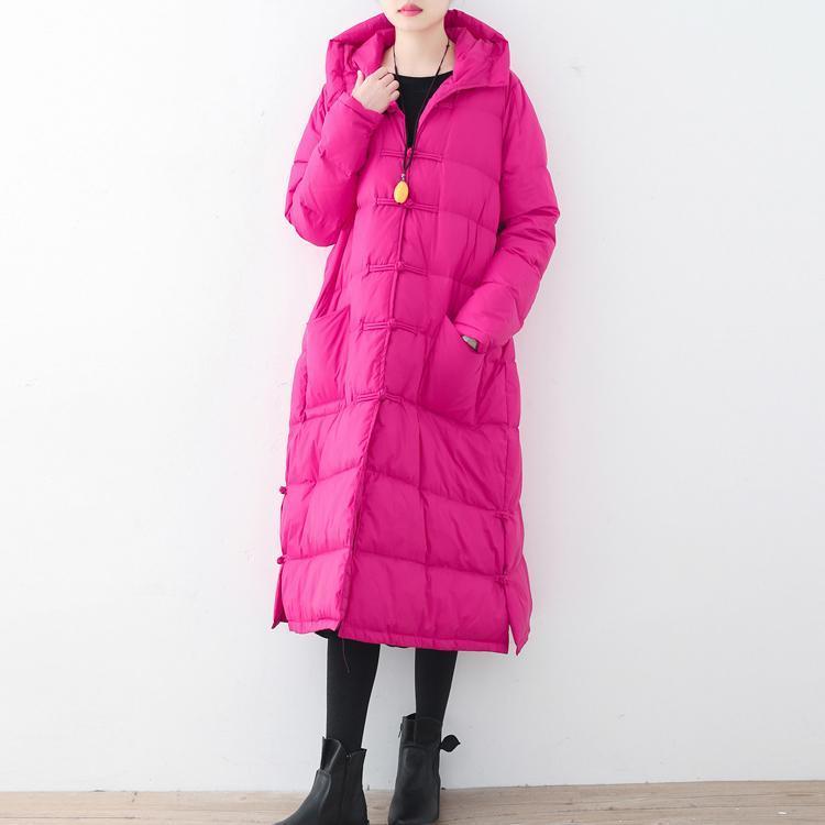 Fine Rose Red Puffers Jackets Loose Fitting Down Jacket New Hooded Winter Outwear Chinese Button