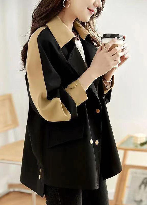 Black Peter Pan Collar Button Patchwork Cotton Coat Fall