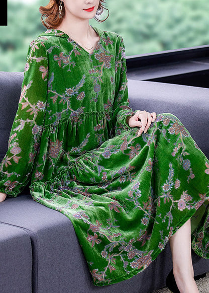 Green Ruffled Patchwork Velour Dresses