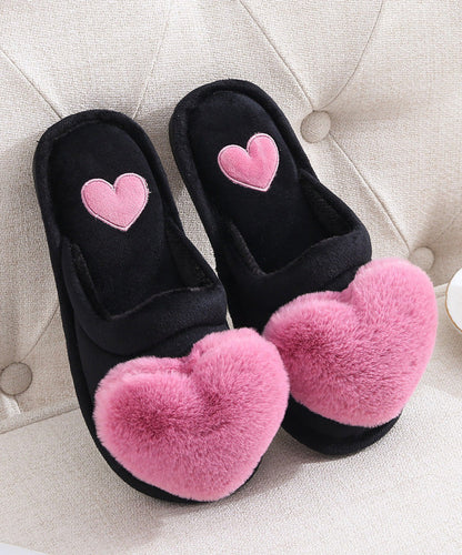 Heart Splicing Slippers Shoes Pink Fuzzy Wool Lined
